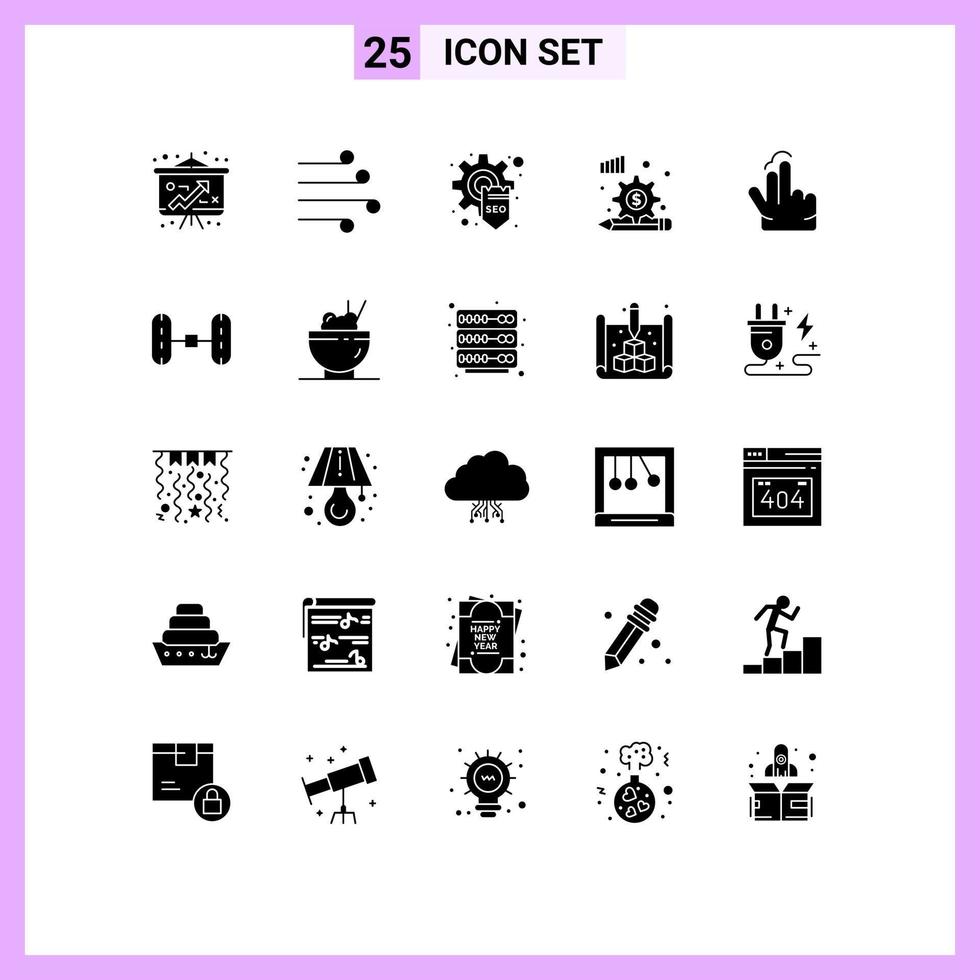 Group of 25 Modern Solid Glyphs Set for gesture gear development finance analysis process Editable Vector Design Elements