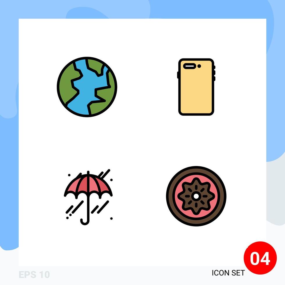 Set of 4 Commercial Filledline Flat Colors pack for earth weather phone back drink Editable Vector Design Elements