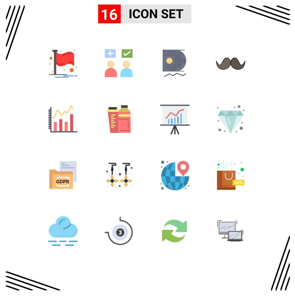 Group of 16 Flat Colors Signs and Symbols for men movember correct hipster mining Editable Pack of Creative Vector Design Elements