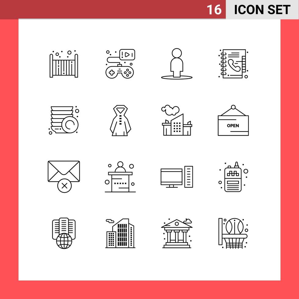 16 Outline concept for Websites Mobile and Apps plates kitchen avatar phone book directory Editable Vector Design Elements