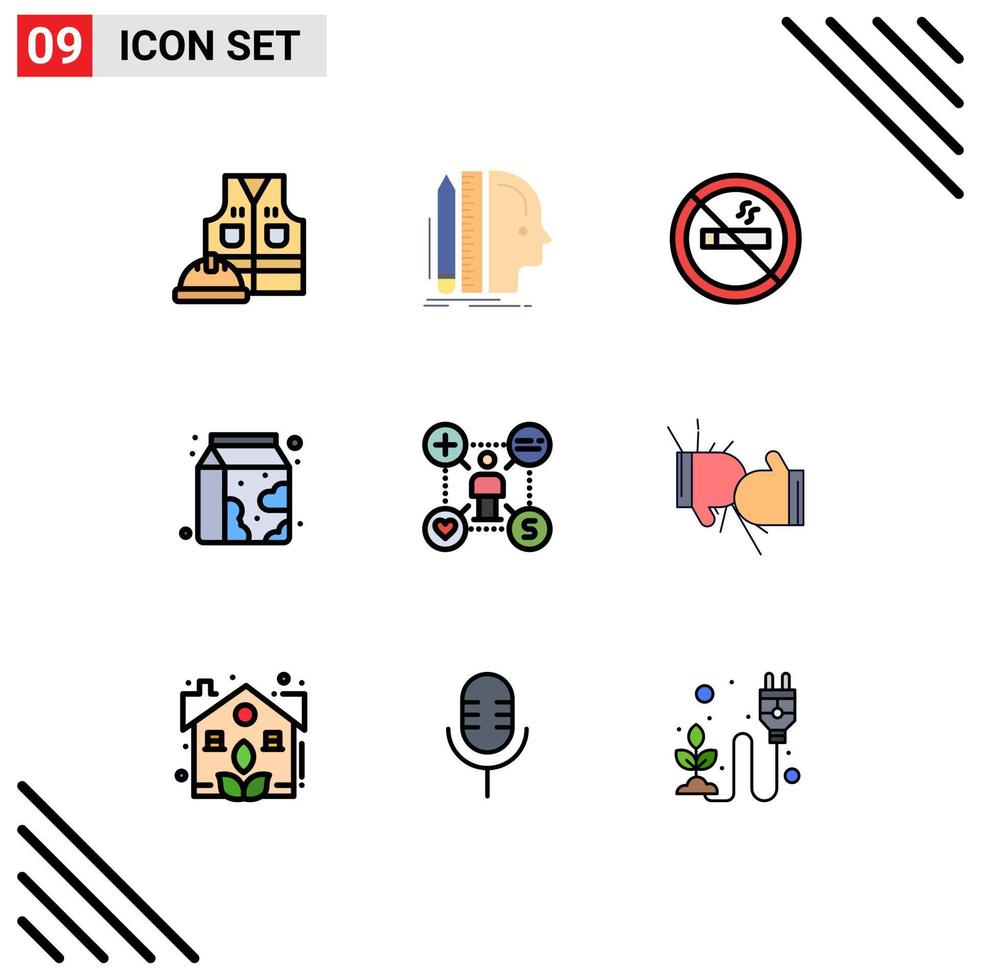 Group of 9 Modern Filledline Flat Colors Set for talent supermarket thinking milk breakfast Editable Vector Design Elements