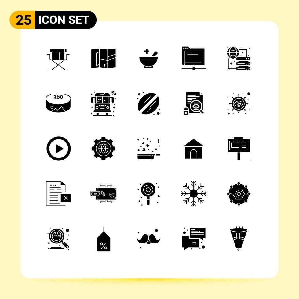 Solid Glyph Pack of 25 Universal Symbols of hosting connect patient server folder Editable Vector Design Elements