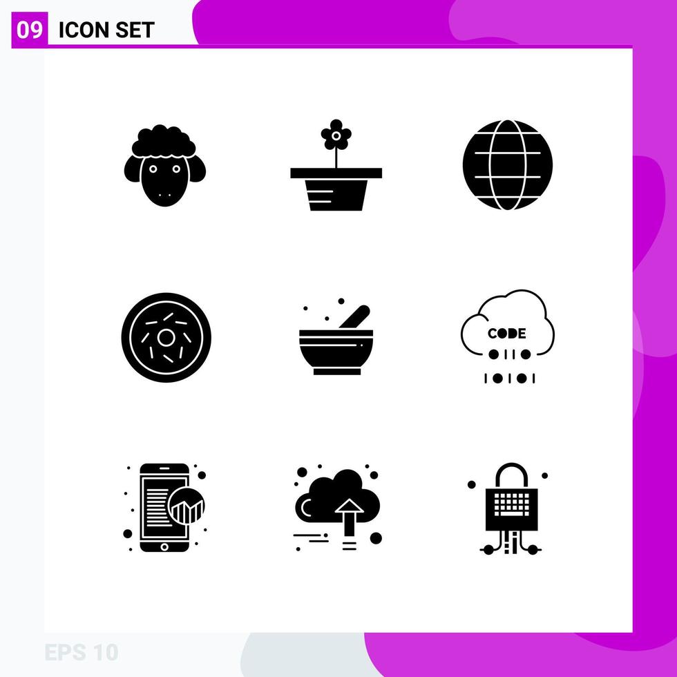 Pack of 9 creative Solid Glyphs of science bowl globe sweet donut Editable Vector Design Elements