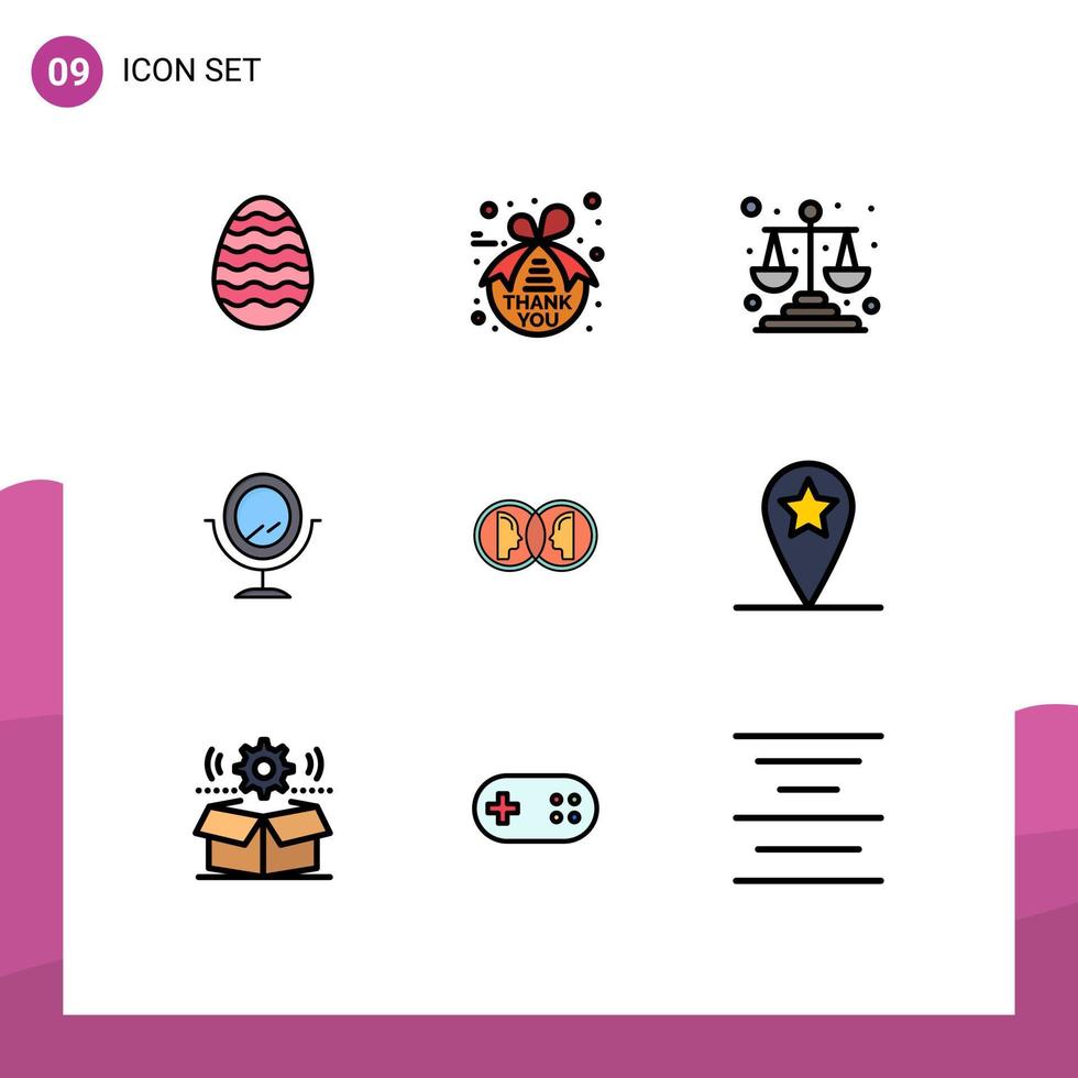Filledline Flat Color Pack of 9 Universal Symbols of duplicate face balance coin mirror Editable Vector Design Elements