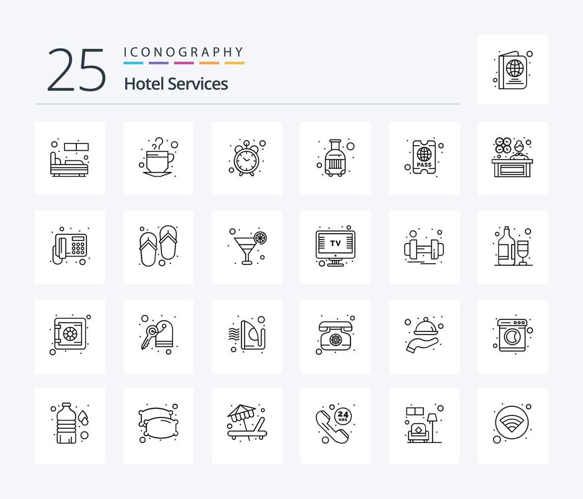 paquete de iconos de 25 líneas de servicios de hotel que incluye boleto. hotel. alarma. viajar. equipaje vector