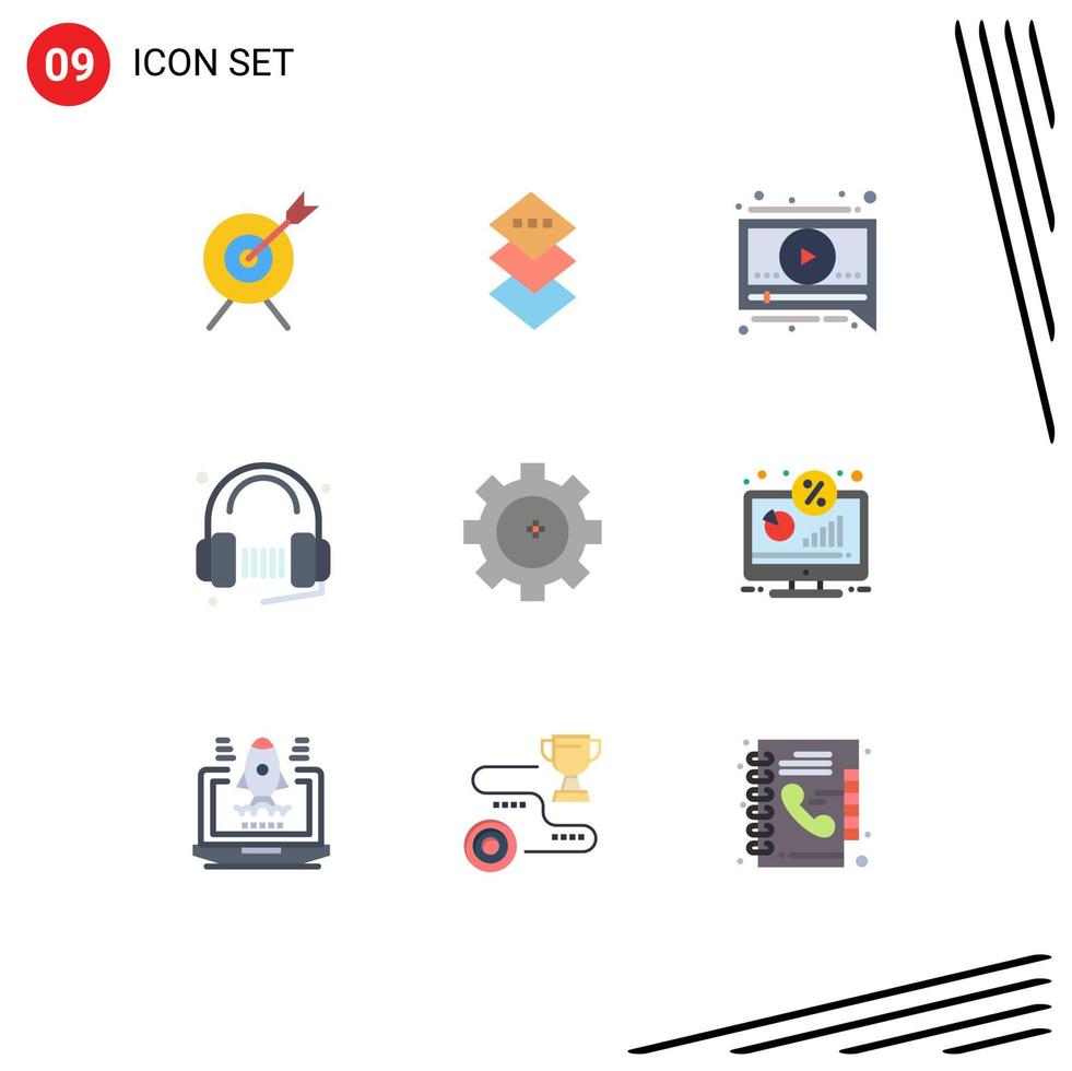 User Interface Pack of 9 Basic Flat Colors of discount setting lab video gear music Editable Vector Design Elements