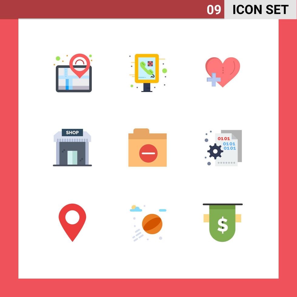 Modern Set of 9 Flat Colors and symbols such as folder market heart education building Editable Vector Design Elements