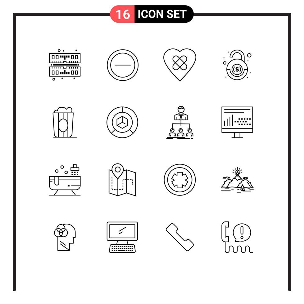 16 User Interface Outline Pack of modern Signs and Symbols of analysis movie patch food security Editable Vector Design Elements