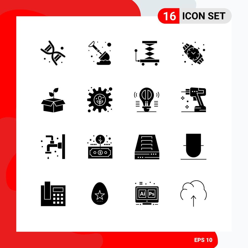 Pack of 16 creative Solid Glyphs of energy eco car jewelry hand watch Editable Vector Design Elements