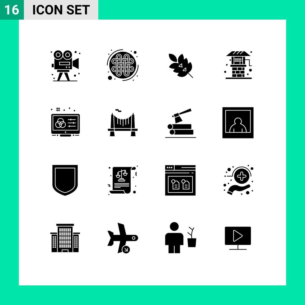 User Interface Pack of 16 Basic Solid Glyphs of well farm knot agriculture plant Editable Vector Design Elements