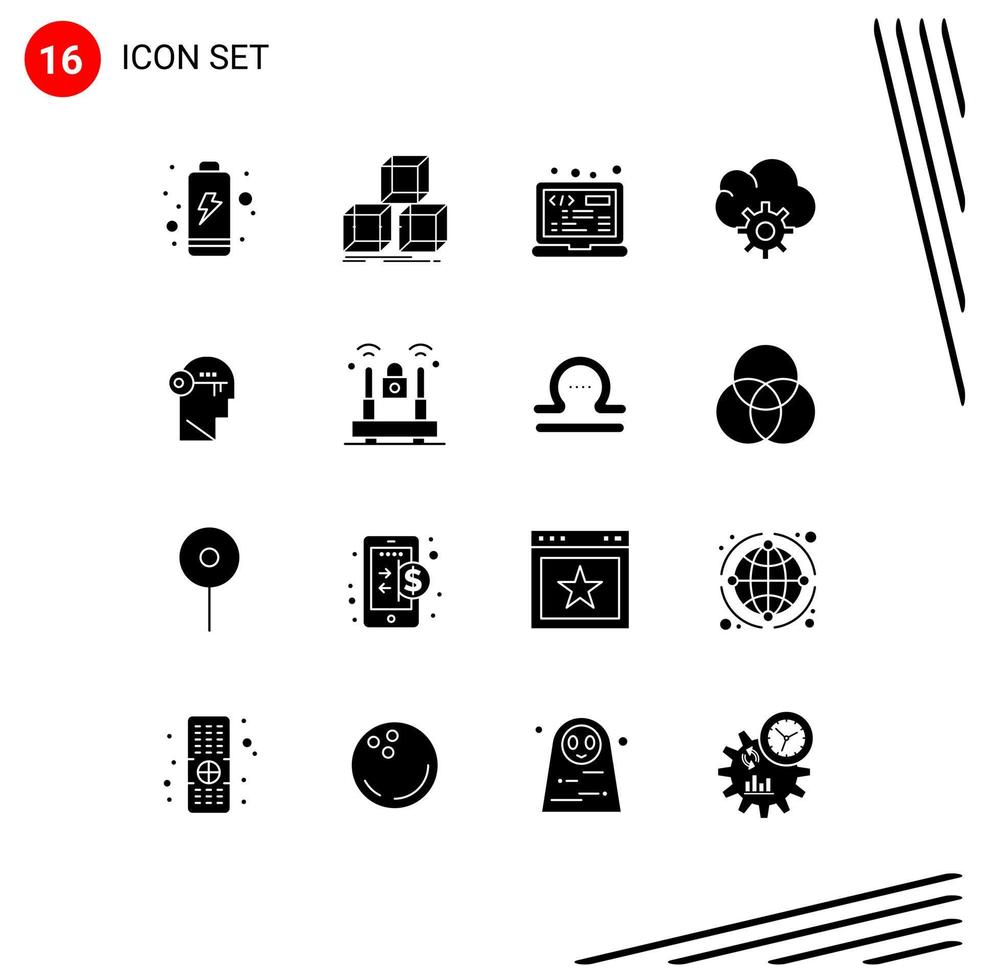 16 Universal Solid Glyph Signs Symbols of mind key laptop brain control Editable Vector Design Elements