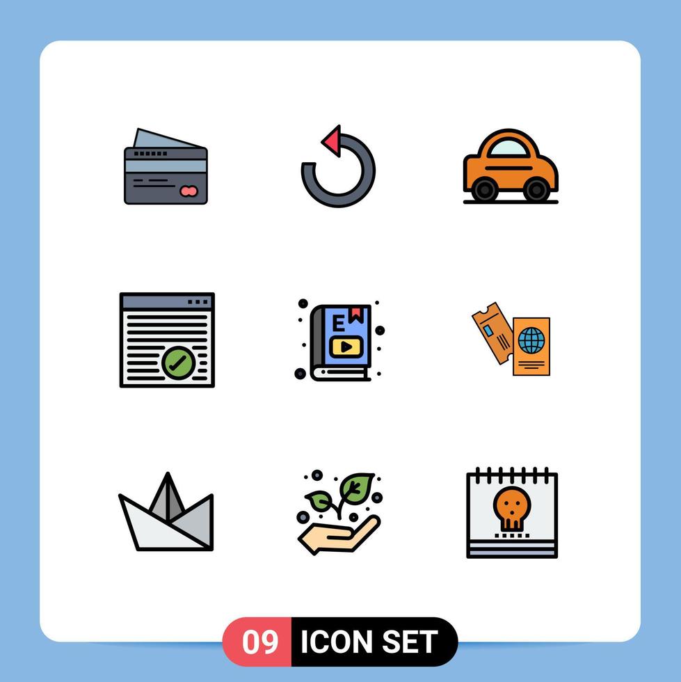 Pack of 9 creative Filledline Flat Colors of education e book car webpage internet Editable Vector Design Elements