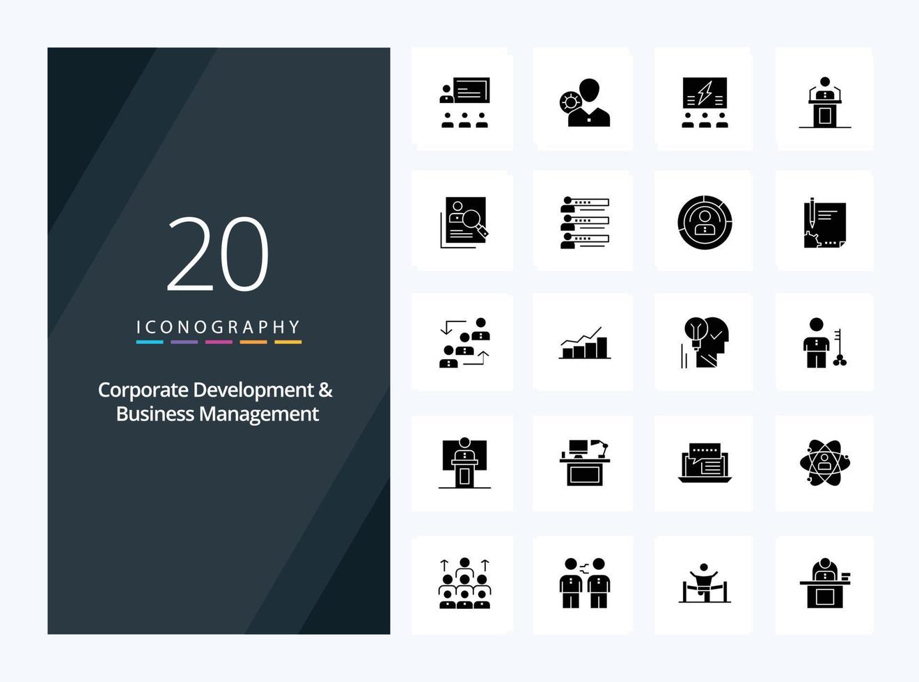 20 icono de glifo sólido de desarrollo corporativo y gestión empresarial para presentación vector