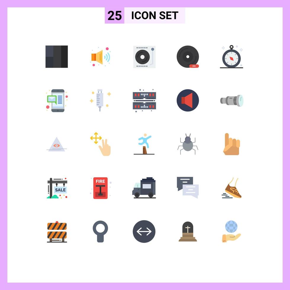 Flat Color Pack of 25 Universal Symbols of navigation compass turntable storage device dvd Editable Vector Design Elements