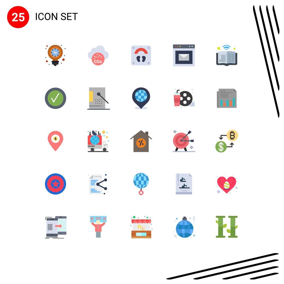 User Interface Pack of 25 Basic Flat Colors of book webpage pollution message wellness Editable Vector Design Elements