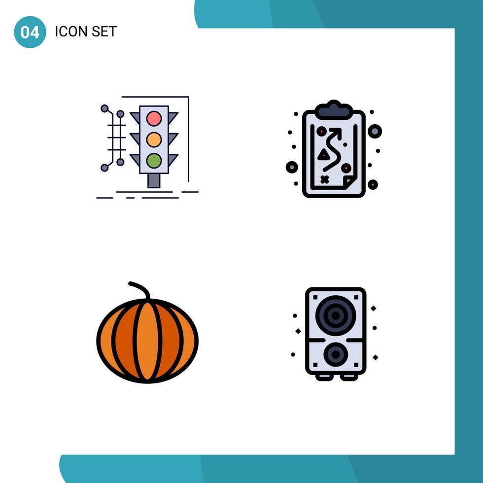 grupo de 4 signos y símbolos de colores planos de línea rellena para elementos de diseño de vectores editables de audio de ruta inteligente de frutas de la ciudad