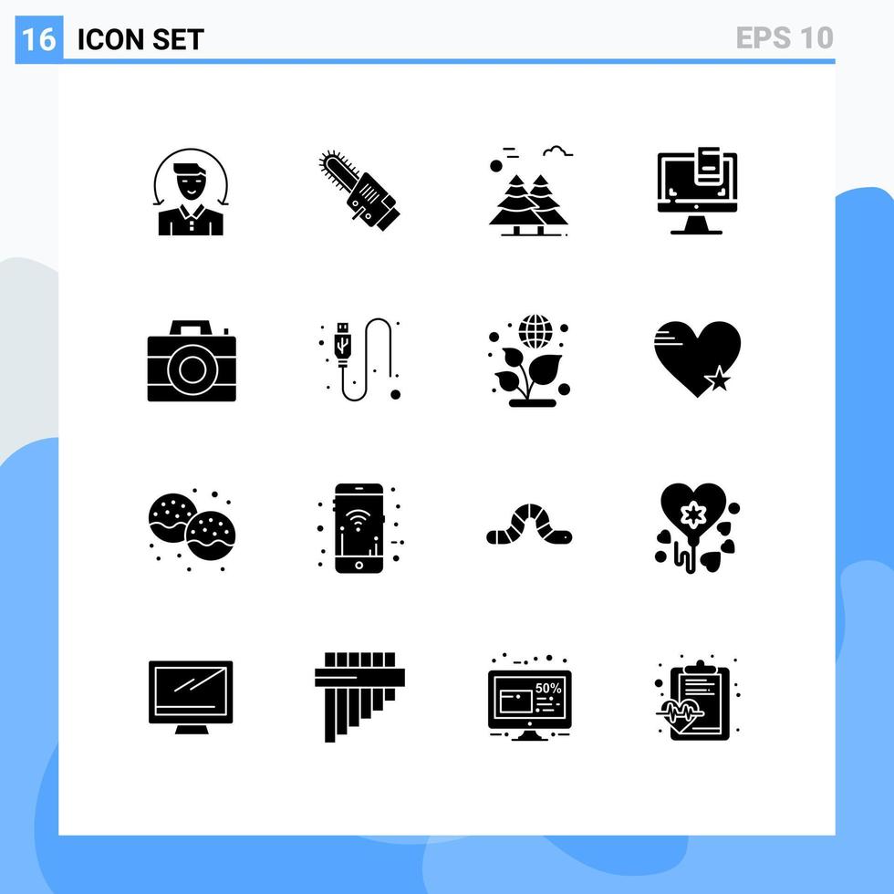 Modern Set of 16 Solid Glyphs Pictograph of camera monitor alpine computer scandinavia Editable Vector Design Elements