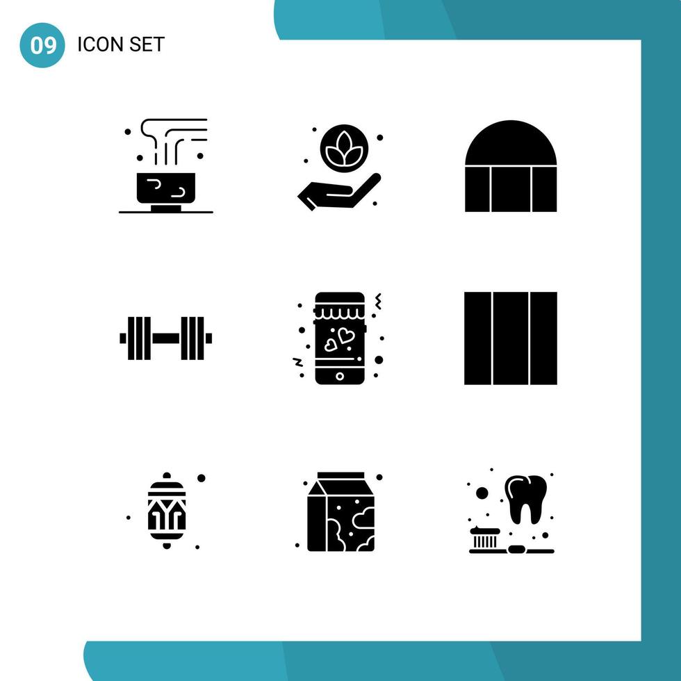 Group of 9 Solid Glyphs Signs and Symbols for love weight building gym dumbbell Editable Vector Design Elements