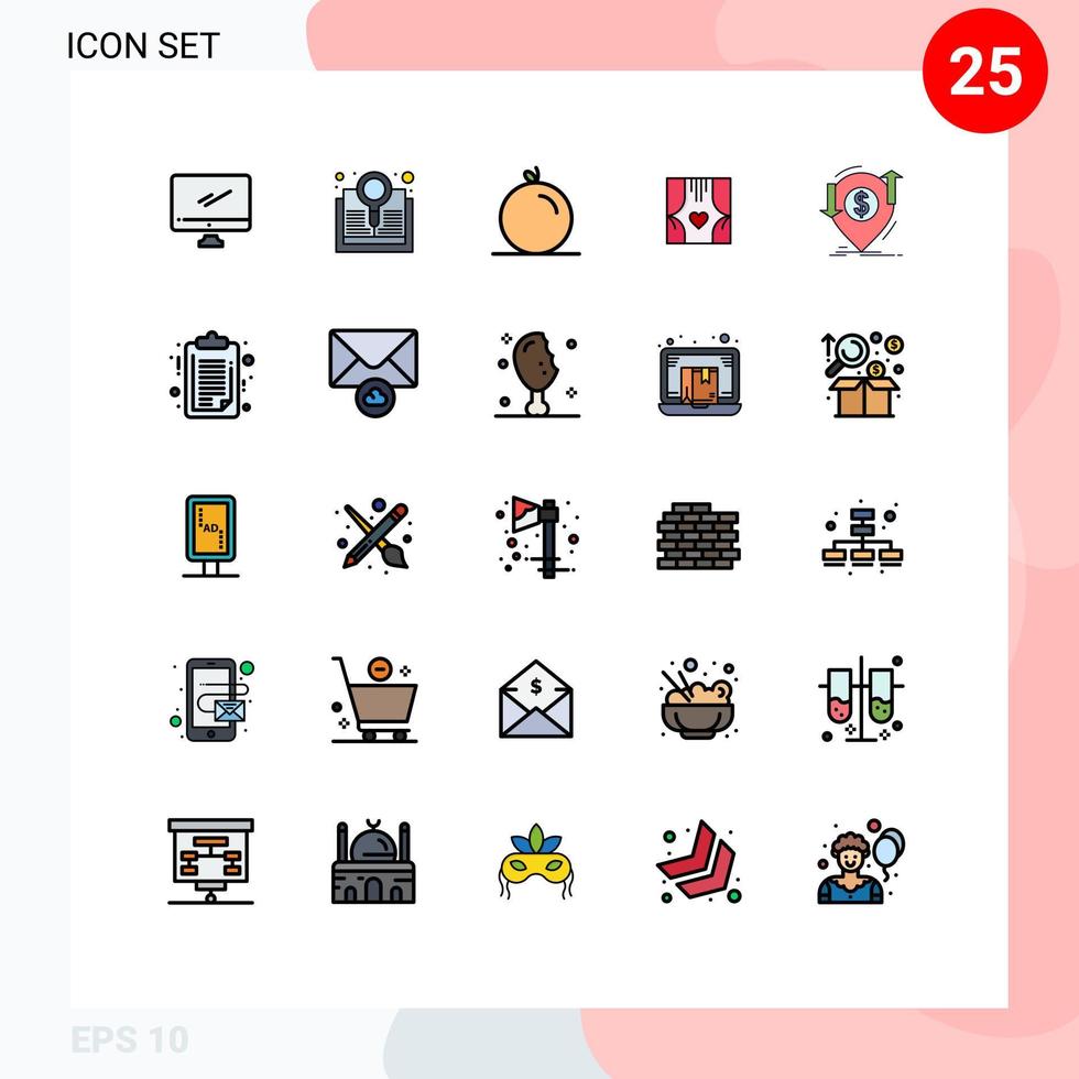 Modern Set of 25 Filled line Flat Colors and symbols such as transaction love search curtains window Editable Vector Design Elements