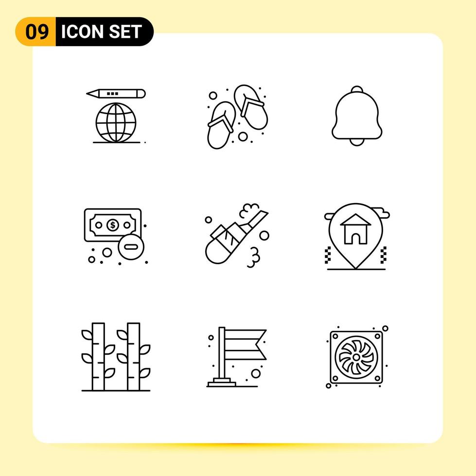 Mobile Interface Outline Set of 9 Pictograms of vacuum cleaner bell outcome economy Editable Vector Design Elements