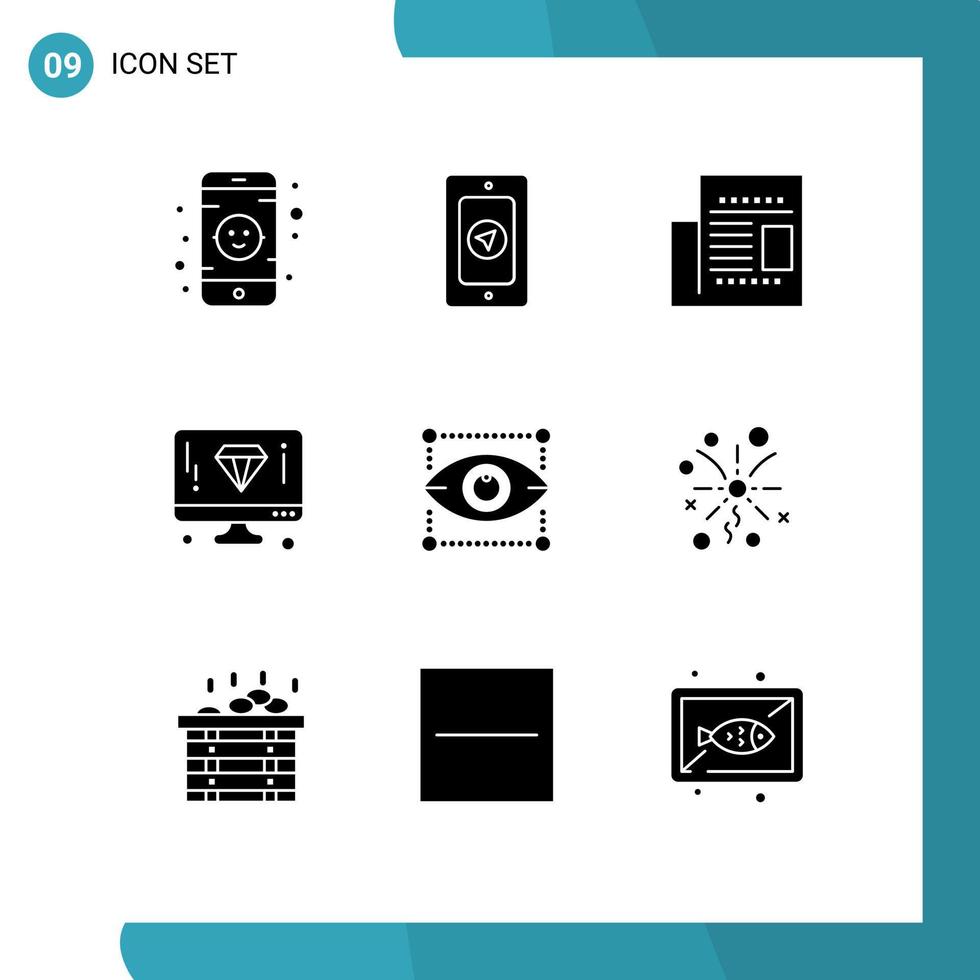 Mobile Interface Solid Glyph Set of 9 Pictograms of eye design office creativity computer Editable Vector Design Elements