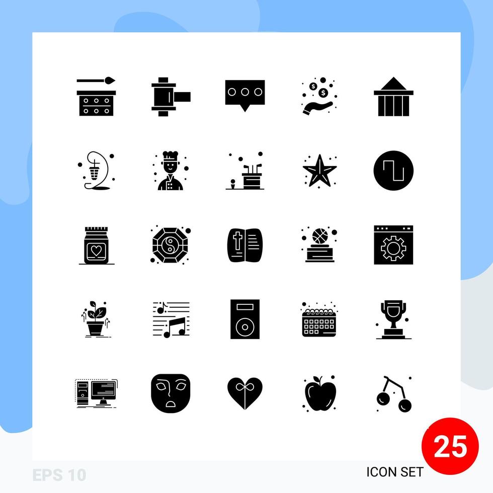 25 User Interface Solid Glyph Pack of modern Signs and Symbols of columns acropolis bubble coins income Editable Vector Design Elements