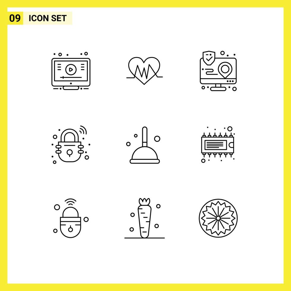 Group of 9 Outlines Signs and Symbols for broom smart action lock map Editable Vector Design Elements