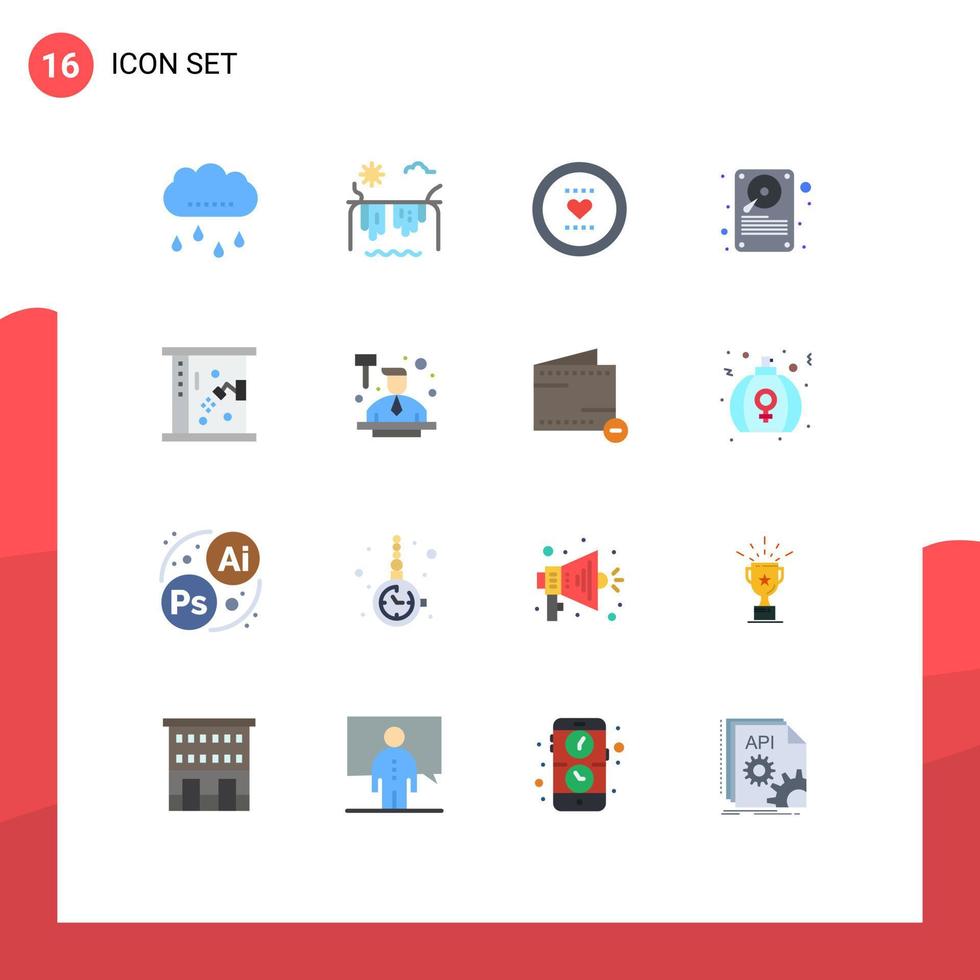 Group of 16 Flat Colors Signs and Symbols for bath hardware favorite hard disc romance Editable Pack of Creative Vector Design Elements