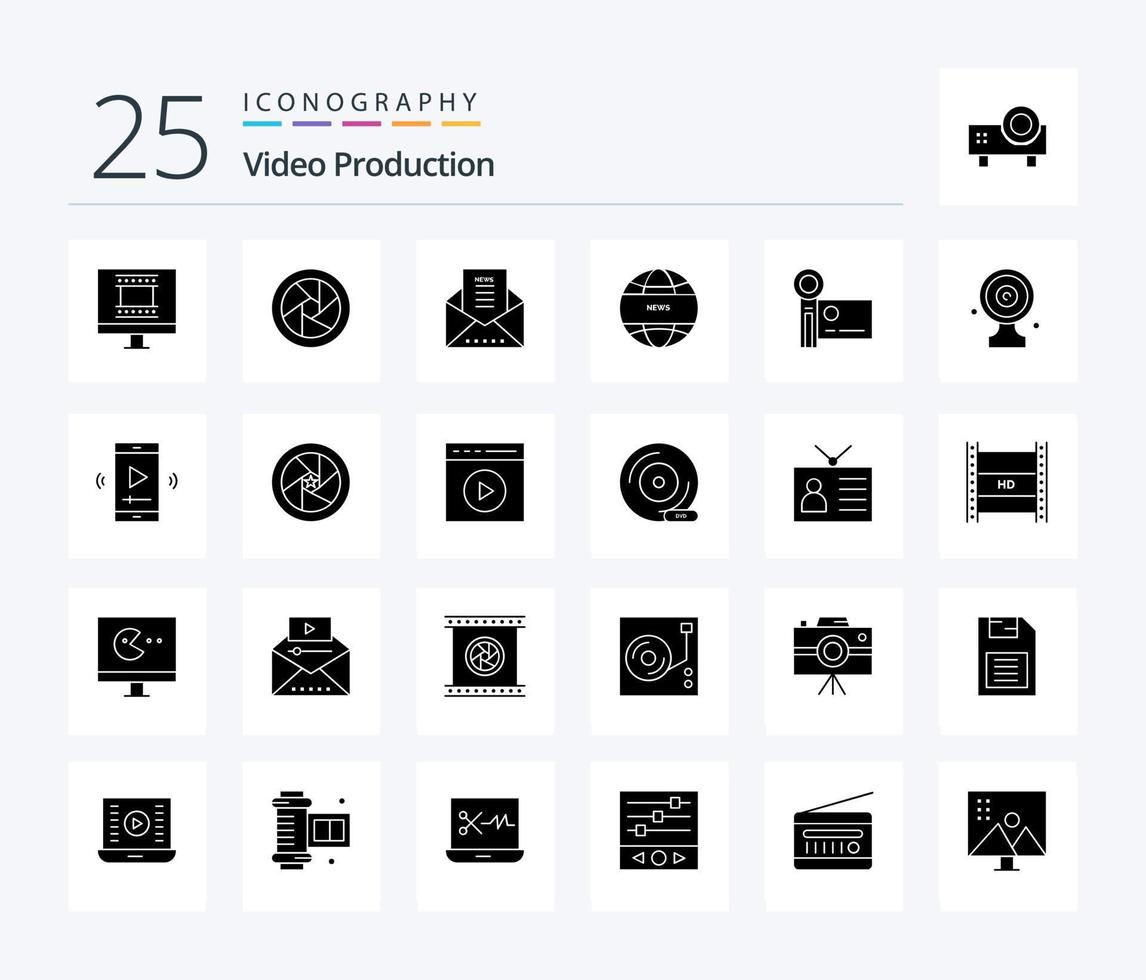 Video Production 25 Solid Glyph icon pack including camcorder. international news. email. global news. vector