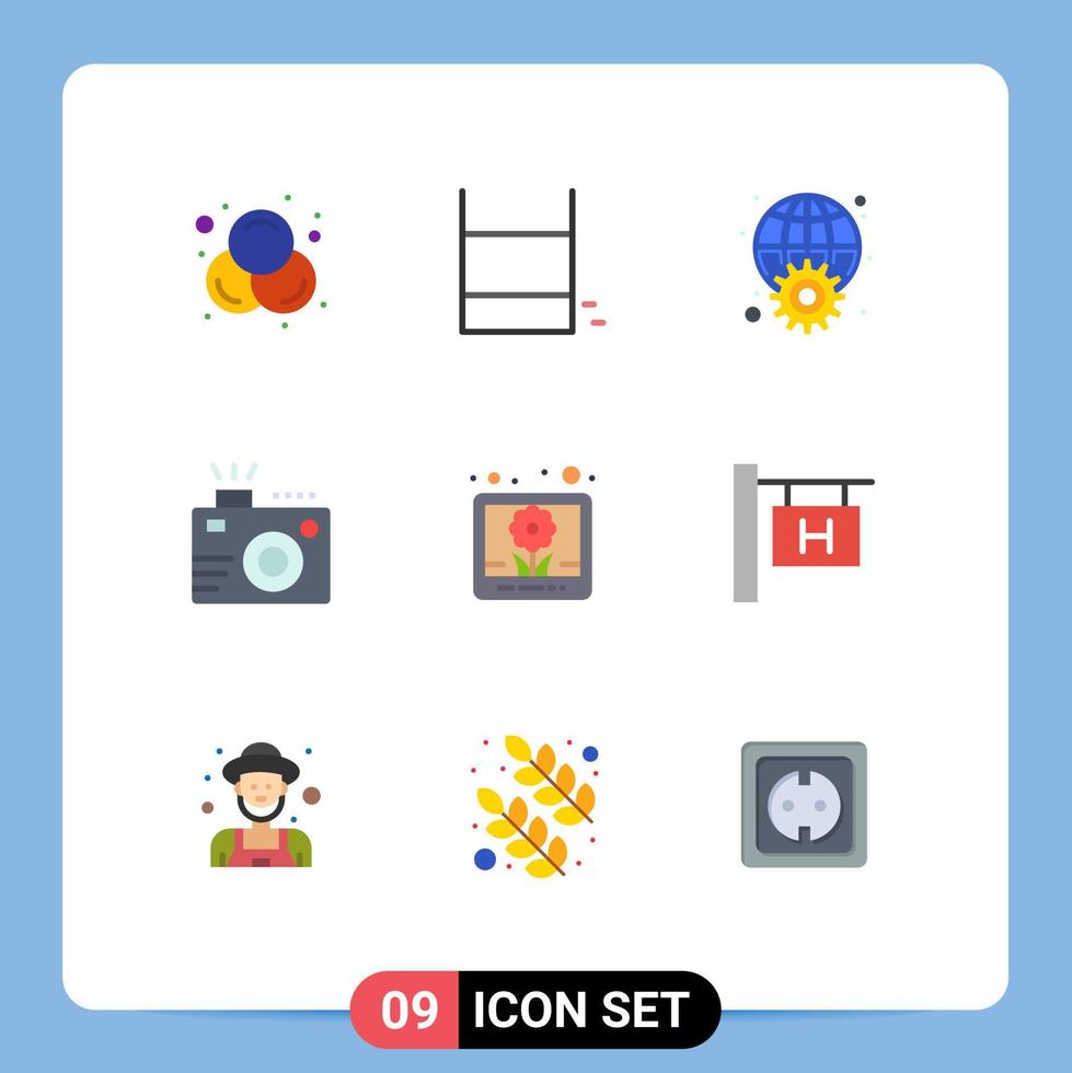 interfaz móvil conjunto de colores planos de 9 pictogramas de imagen fotografía globo cámara fotográfica elementos de diseño vectorial editables vector