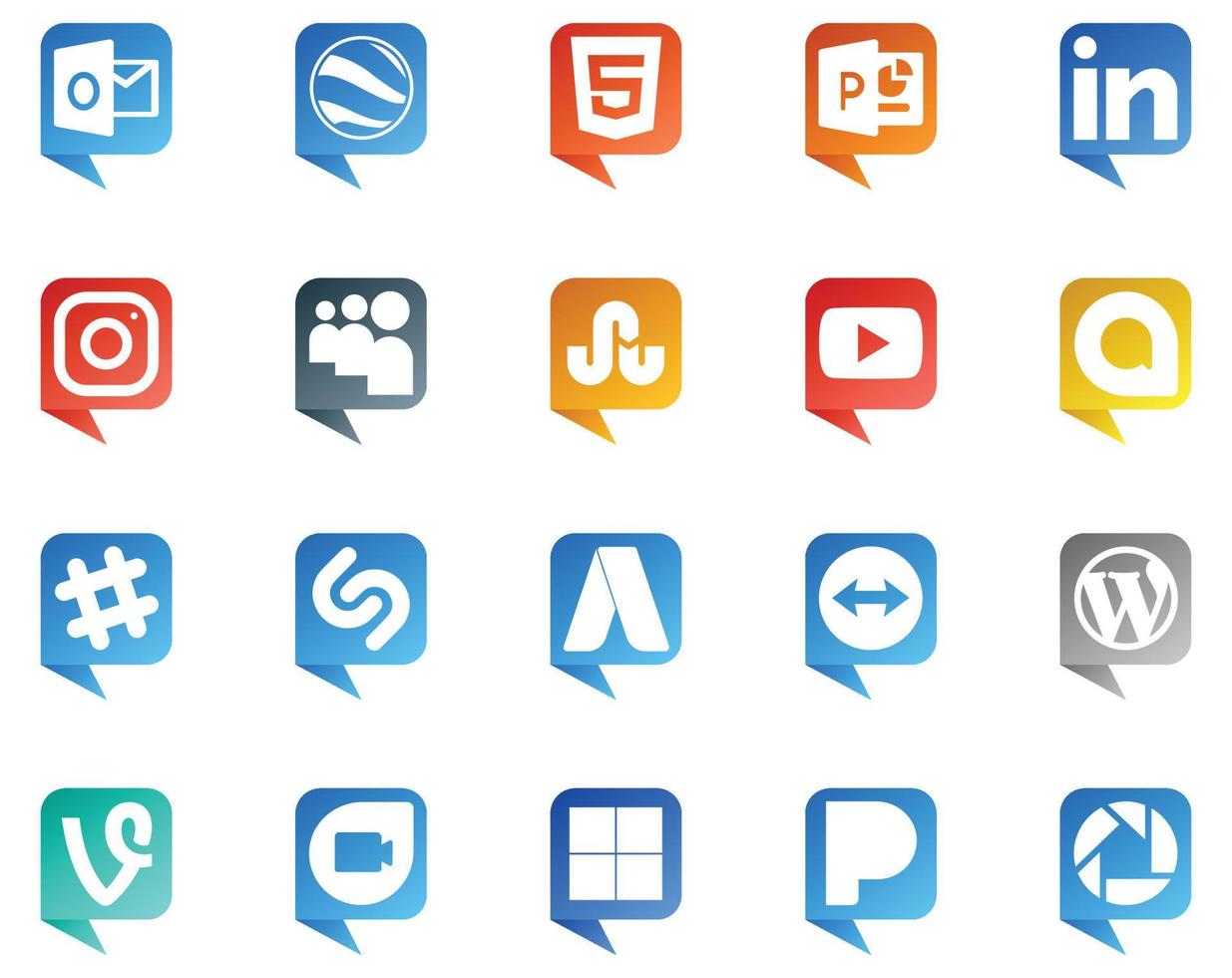 20 logotipos de estilo de burbujas de discurso de redes sociales como cms teamviewer youtube adwords chat vector