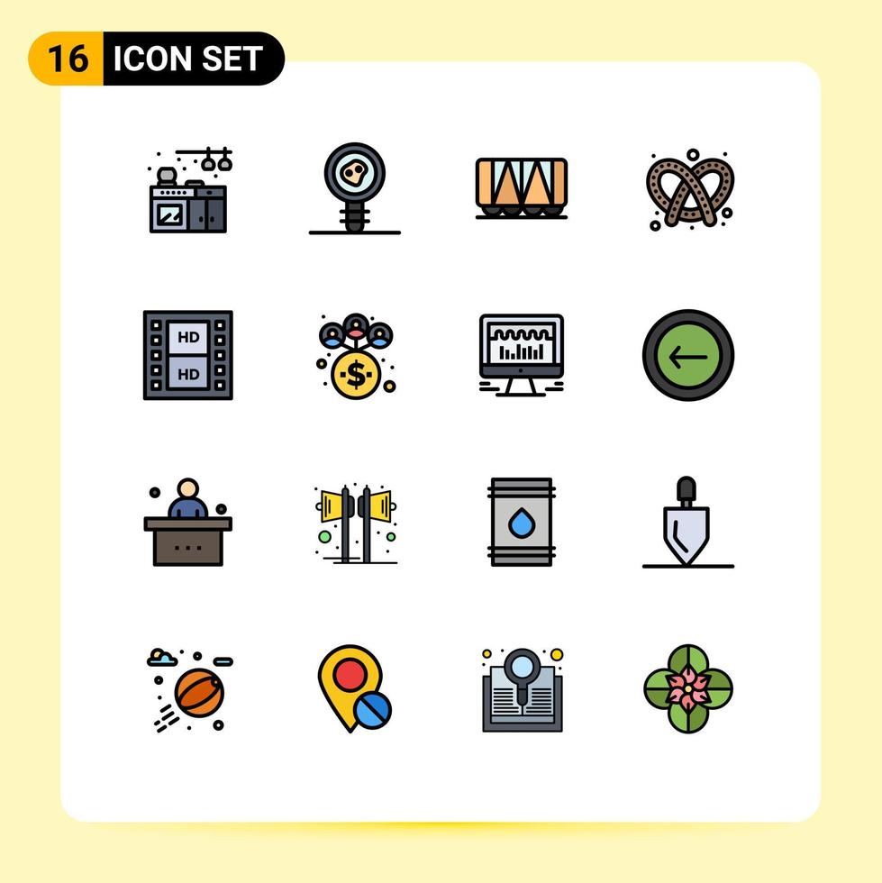 Universal Icon Symbols Group of 16 Modern Flat Color Filled Lines of multimedia media vehicle film dough Editable Creative Vector Design Elements