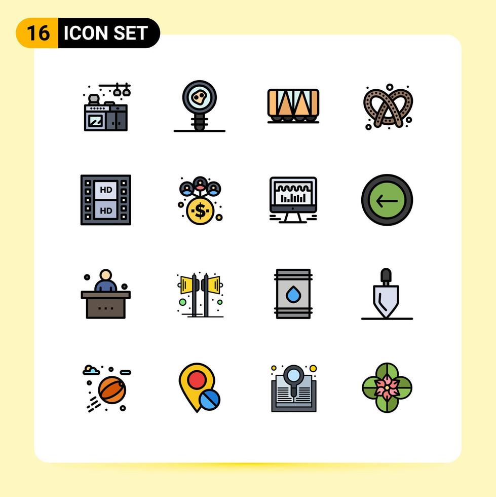 Universal Icon Symbols Group of 16 Modern Flat Color Filled Lines of multimedia media vehicle film dough Editable Creative Vector Design Elements