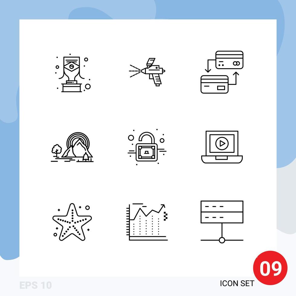 9 Outline concept for Websites Mobile and Apps lock nature card landscape mountain Editable Vector Design Elements