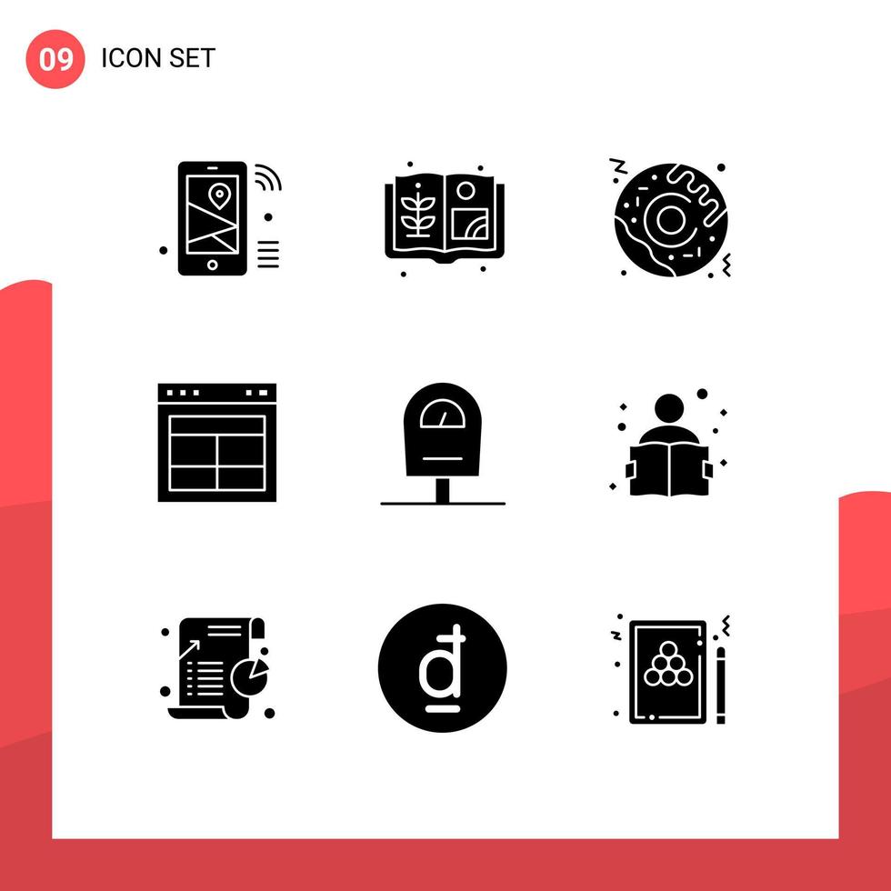 Pack of 9 creative Solid Glyphs of meter website pizza text interface Editable Vector Design Elements
