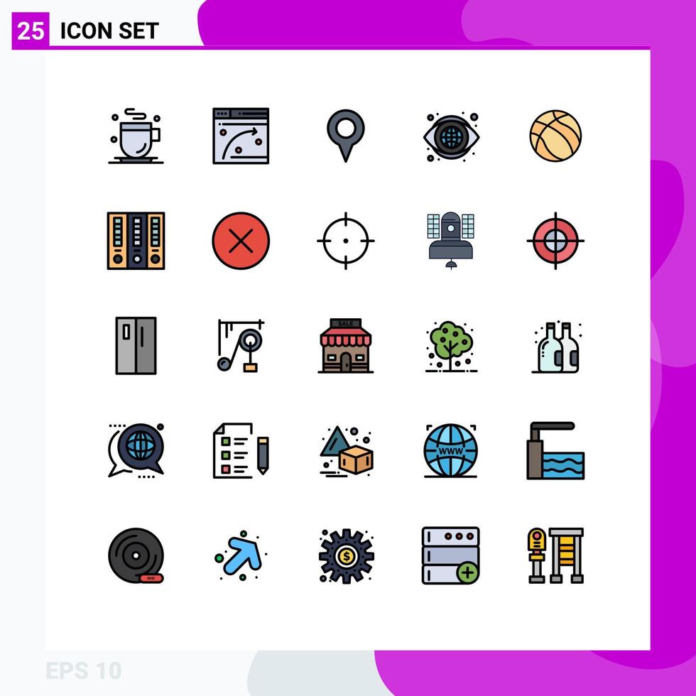 Group of 25 Modern Filled line Flat Colors Set for nba ball location vision eye Editable Vector Design Elements