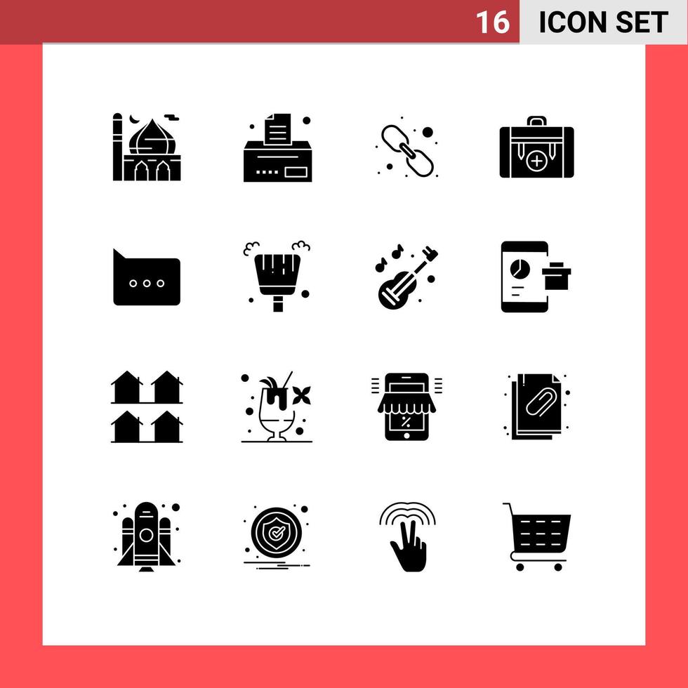 paquete de 16 signos y símbolos de glifos sólidos modernos para medios de impresión web, como elementos de diseño de vectores editables de bolsa de salud de hipervínculo de senderismo de burbujas