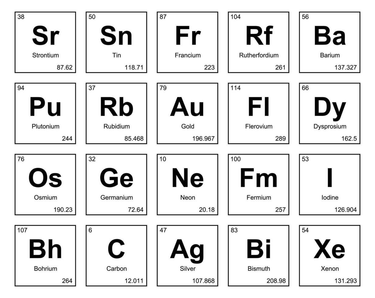 diseño de paquete de iconos de 20 tablas preiodicas de los elementos vector