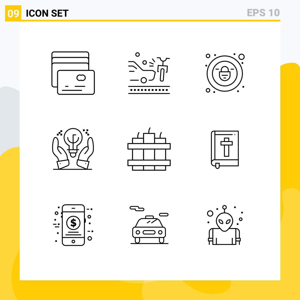 Editable Vector Line Pack of 9 Simple Outlines of bible dynamite padlock bomb idea Editable Vector Design Elements