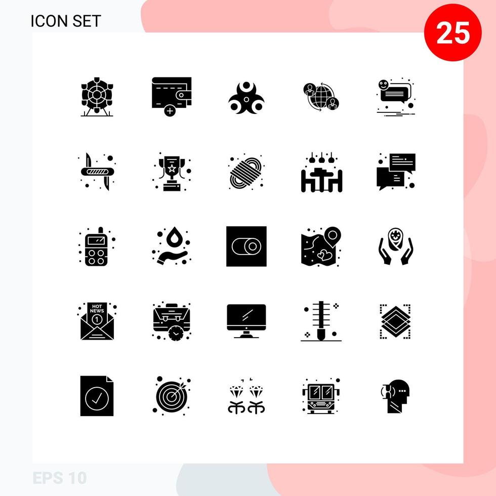 User Interface Pack of 25 Basic Solid Glyphs of bubble global biological internet connections Editable Vector Design Elements