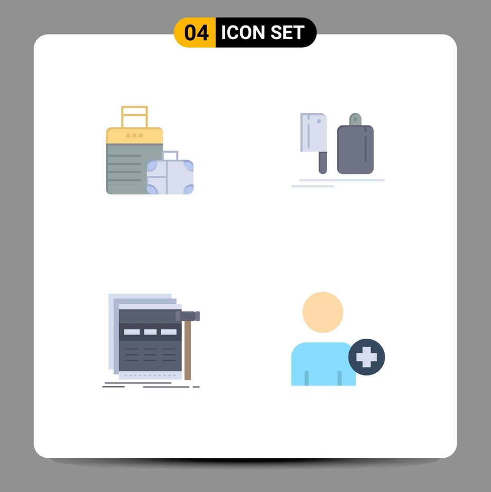 conjunto de pictogramas de 4 iconos planos simples de equipaje internet hotel chef web elementos de diseño vectorial editables vector