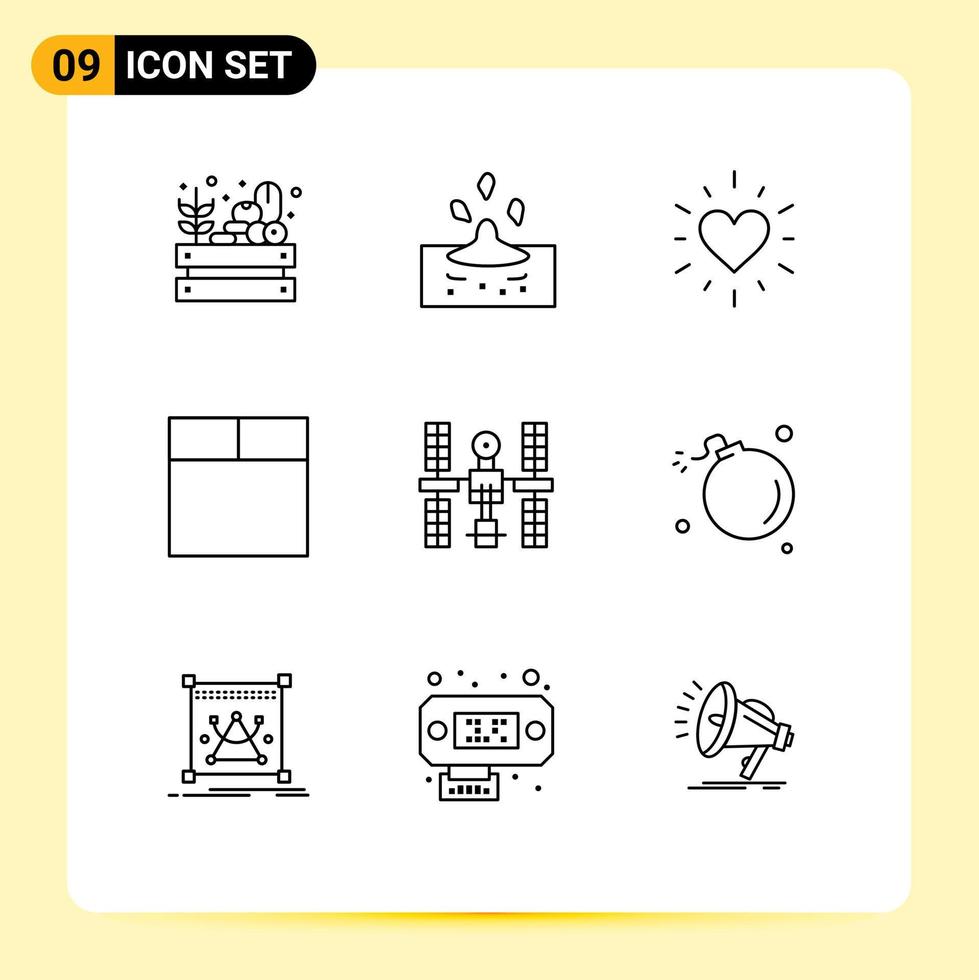 Group of 9 Outlines Signs and Symbols for space platform heart orbital wireframe Editable Vector Design Elements