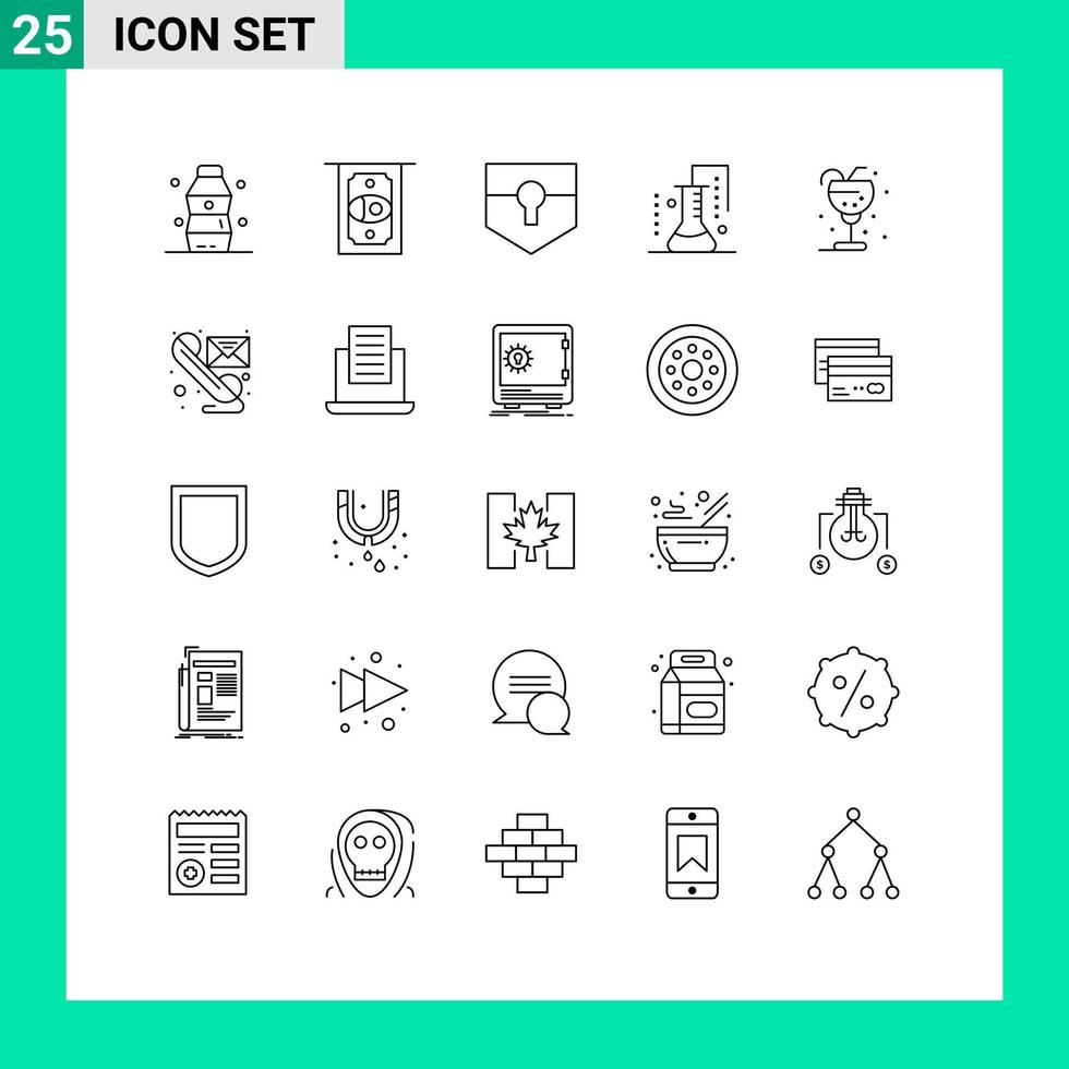 un conjunto moderno de 25 líneas y símbolos, como la investigación científica de bebidas, protege la ciencia de la química de la materia elementos de diseño de vectores editables