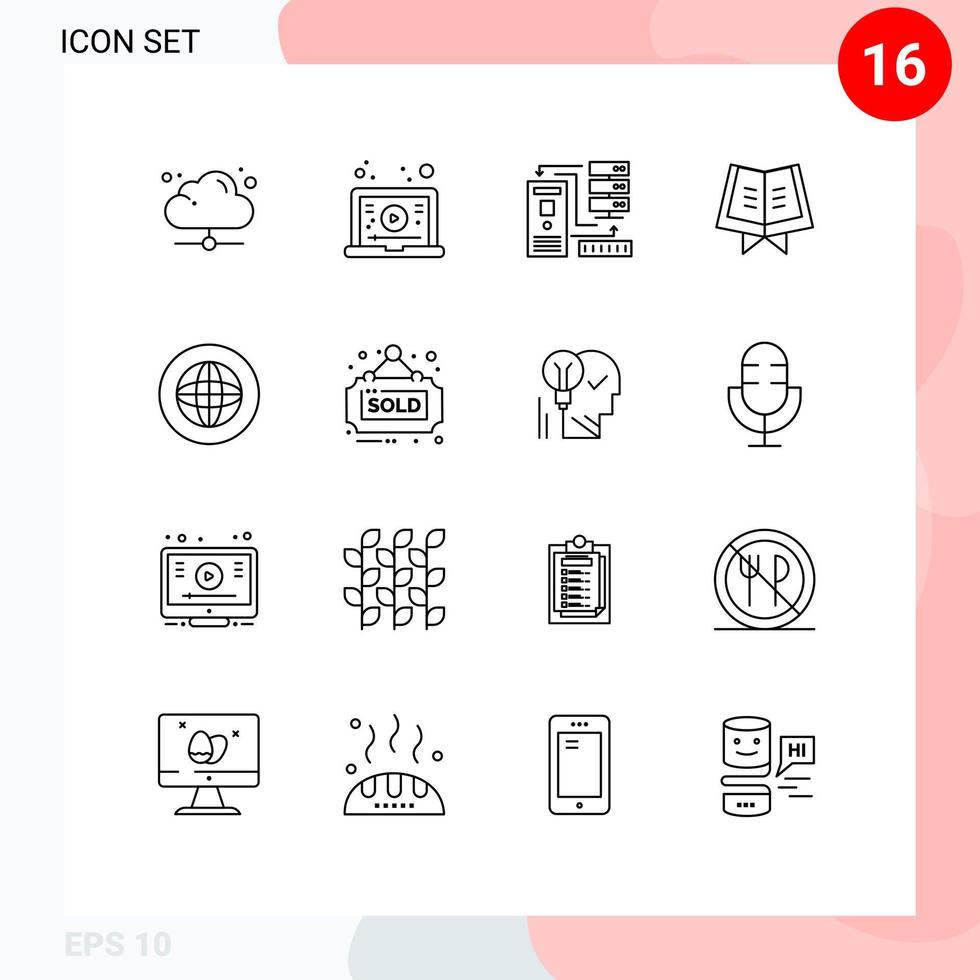 Mobile Interface Outline Set of 16 Pictograms of communication quran combination holy information Editable Vector Design Elements