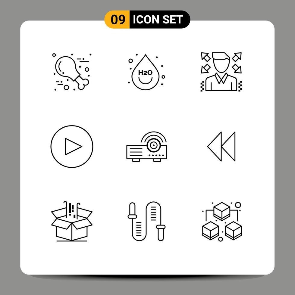 9 Universal Outlines Set for Web and Mobile Applications control machine businessman projector play Editable Vector Design Elements