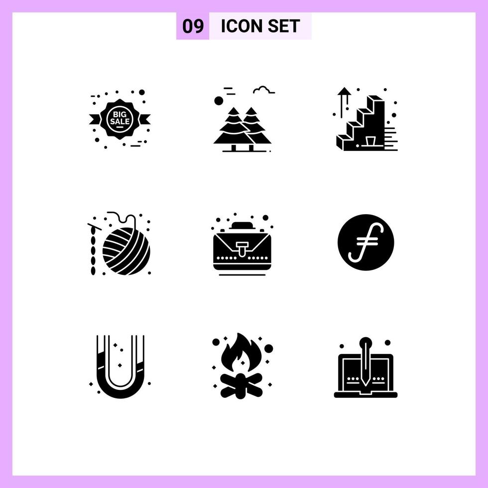 Mobile Interface Solid Glyph Set of 9 Pictograms of business hobbies scandinavia crochet ball Editable Vector Design Elements