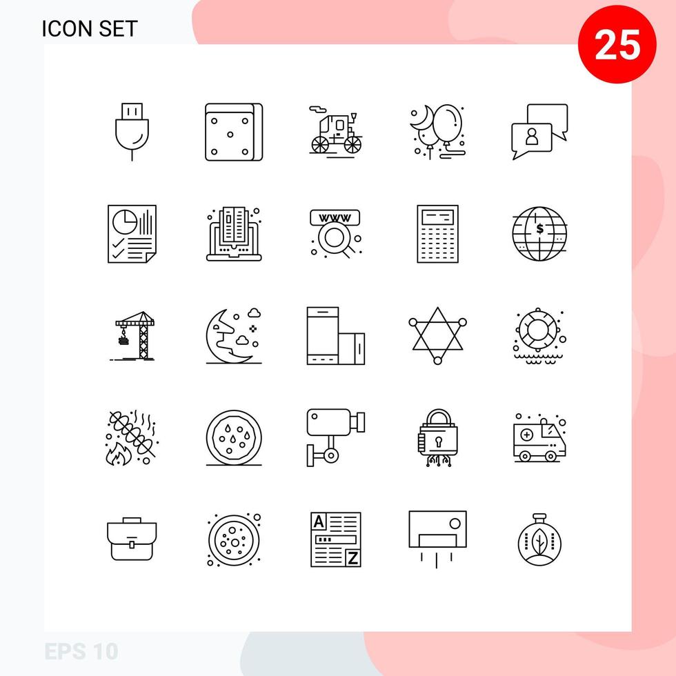 User Interface Pack of 25 Basic Lines of man chatting horse drawn vehicle party moon Editable Vector Design Elements