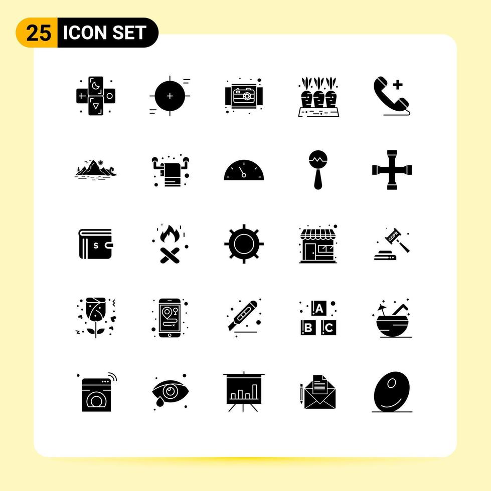 Pack of 25 Modern Solid Glyphs Signs and Symbols for Web Print Media such as food carrot target agriculture product Editable Vector Design Elements