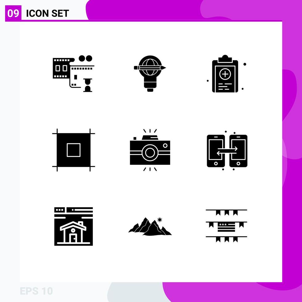 Pictogram Set of 9 Simple Solid Glyphs of photography antique camera clipboard web layout Editable Vector Design Elements