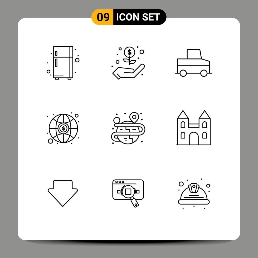 Editable Vector Line Pack of 9 Simple Outlines of cathedral map truck globe creative Editable Vector Design Elements